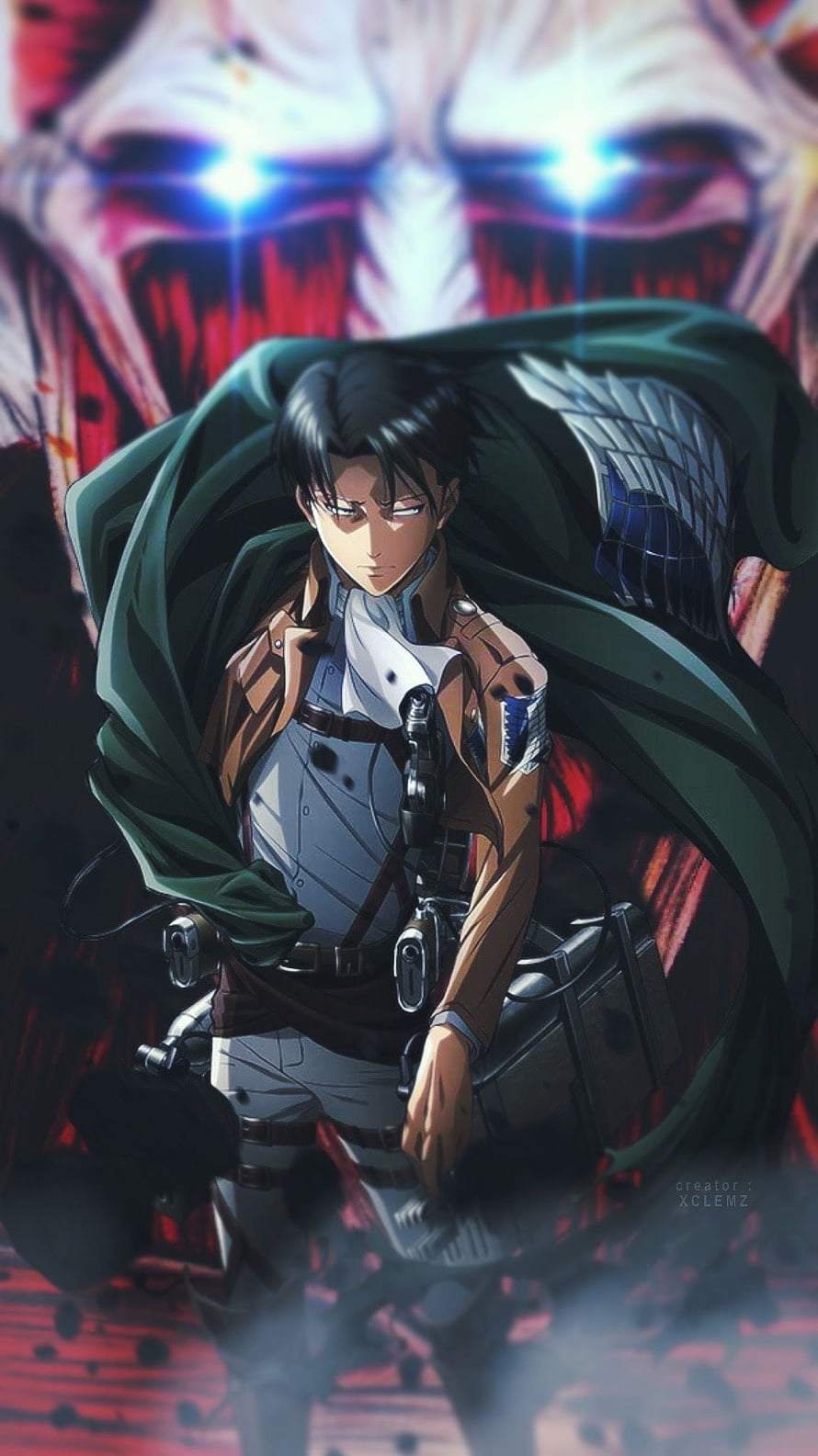 Levi Ackerman in Survey Corps uniform with green cloak and glowing Titan face in background, Levi ackerman, electric blue, black hair, Anime, aot, shingeki no kyojin, attack on Titan HD phone wallpaper
