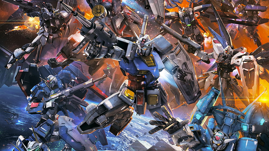 Mobile Suit Gundam Extreme: Dynamic Mecha Battle Artwork with Earth in Background HD wallpaper