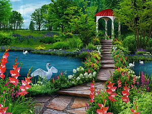 Romantic Garden Gazebo with Swans and Vibrant Flowers by a Serene Pond HD wallpaper
