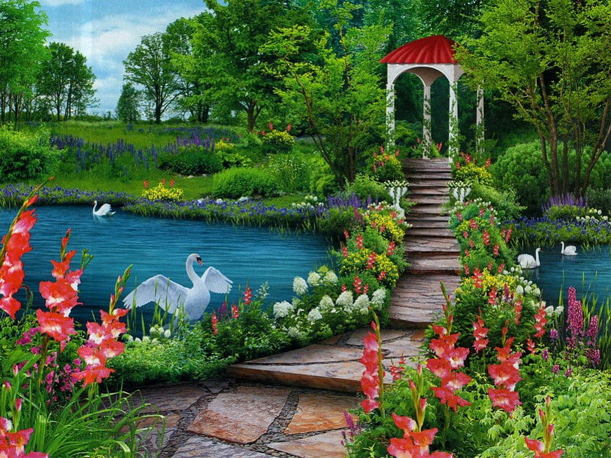 Romantic Garden Gazebo with Swans and Vibrant Flowers by a Serene Pond HD wallpaper