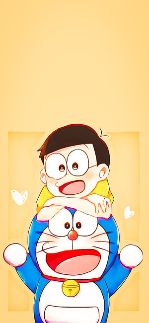 Doraemon Carrying Nobita on His Shoulders in a Joyful Cartoon Illustration HD phone wallpaper