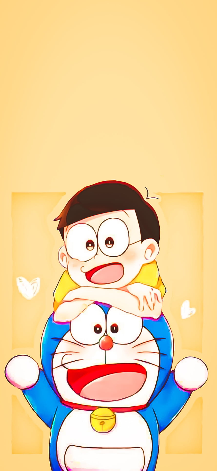 Doraemon Carrying Nobita on His Shoulders in a Joyful Cartoon Illustration HD phone wallpaper