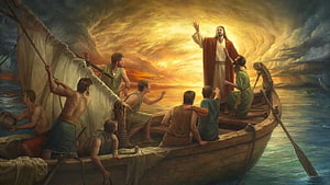 Jesus Calming the Storm on the Sea with Disciples in a Wooden Boat HD wallpaper