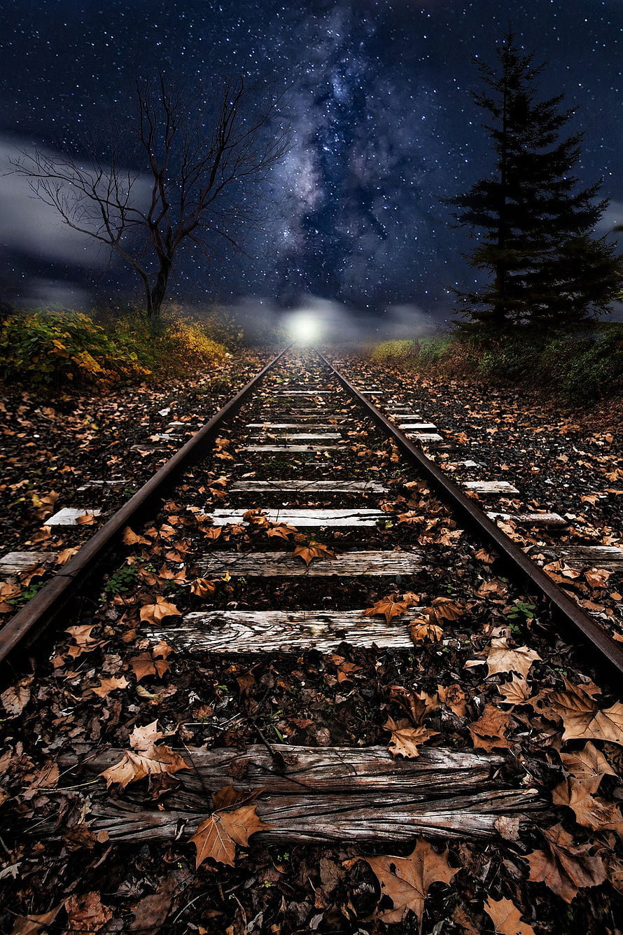 Abandoned Railway Tracks Under the Milky Way with Autumn Leaves and Distant Light HD phone wallpaper