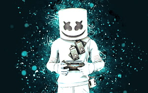 Marshmello Fortnite Skin Holding Controller with Blue Neon Particle Effects HD wallpaper