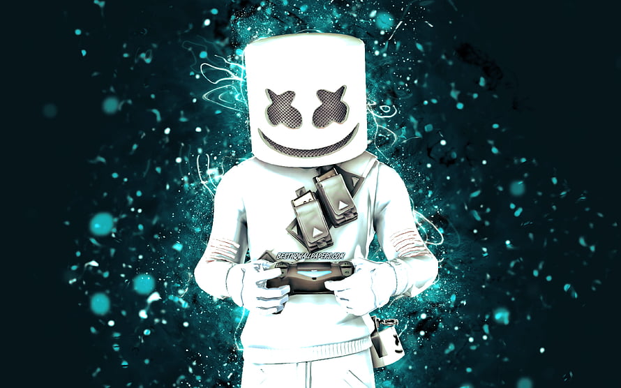 Marshmello Fortnite Skin Holding Controller with Blue Neon Particle Effects HD wallpaper