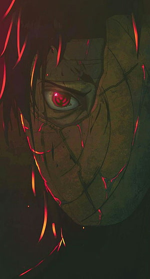 Obito Uchiha Close-Up with Glowing Red Eye and Cracked Mask in Dark Anime Style HD phone wallpaper