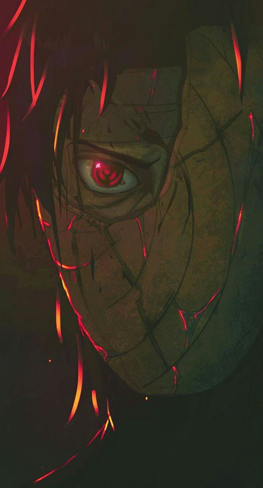 Obito Uchiha Close-Up with Glowing Red Eye and Cracked Mask in Dark Anime Style HD phone wallpaper