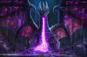 Majestic Purple Dragon Breathing Violet Flame in Dark Fantasy Landscape HD wallpaper