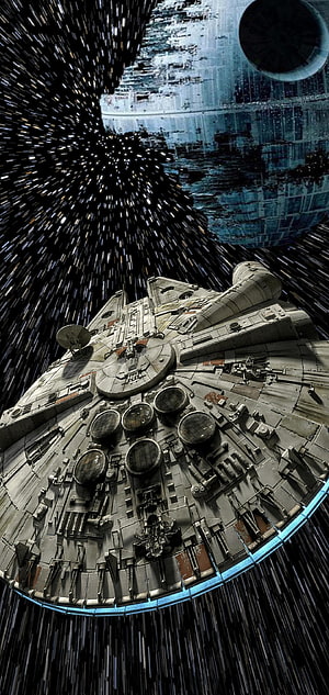 Millennium Falcon Starship Hyperspace Jump Toward Death Star in Star Wars Galaxy HD phone wallpaper