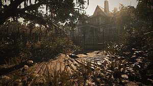 Resident Evil 7 Abandoned Victorian Mansion in Overgrown Swamp with Decaying Wooden Path HD wallpaper