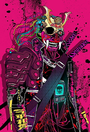 Cyberpunk Samurai Oni Mask with Neon Wires and Cybernetic Armor HD phone wallpaper