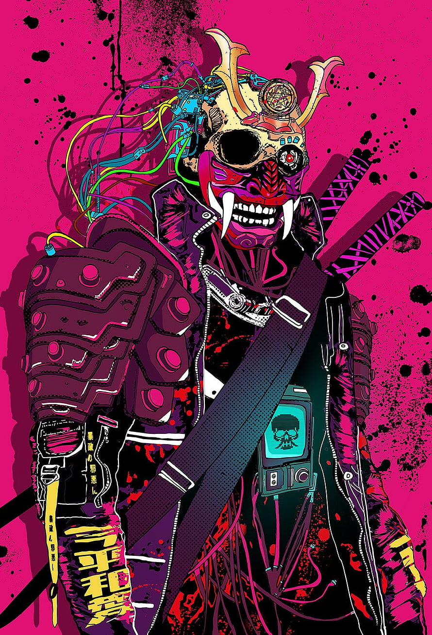 Cyberpunk Samurai Oni Mask with Neon Wires and Cybernetic Armor HD phone wallpaper