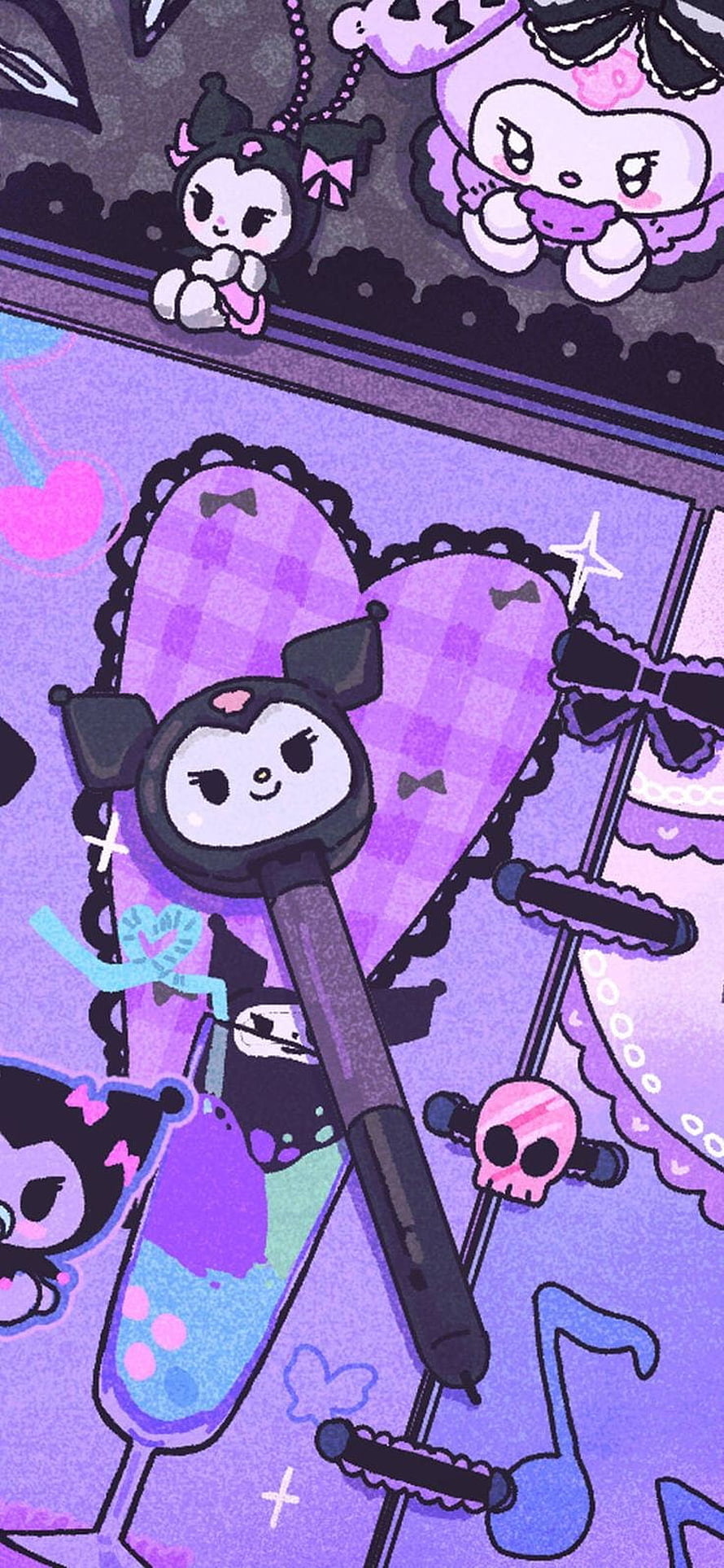 Kuromi and My Melody in a gothic pastel purple aesthetic with heart motifs and cute accessories HD phone wallpaper