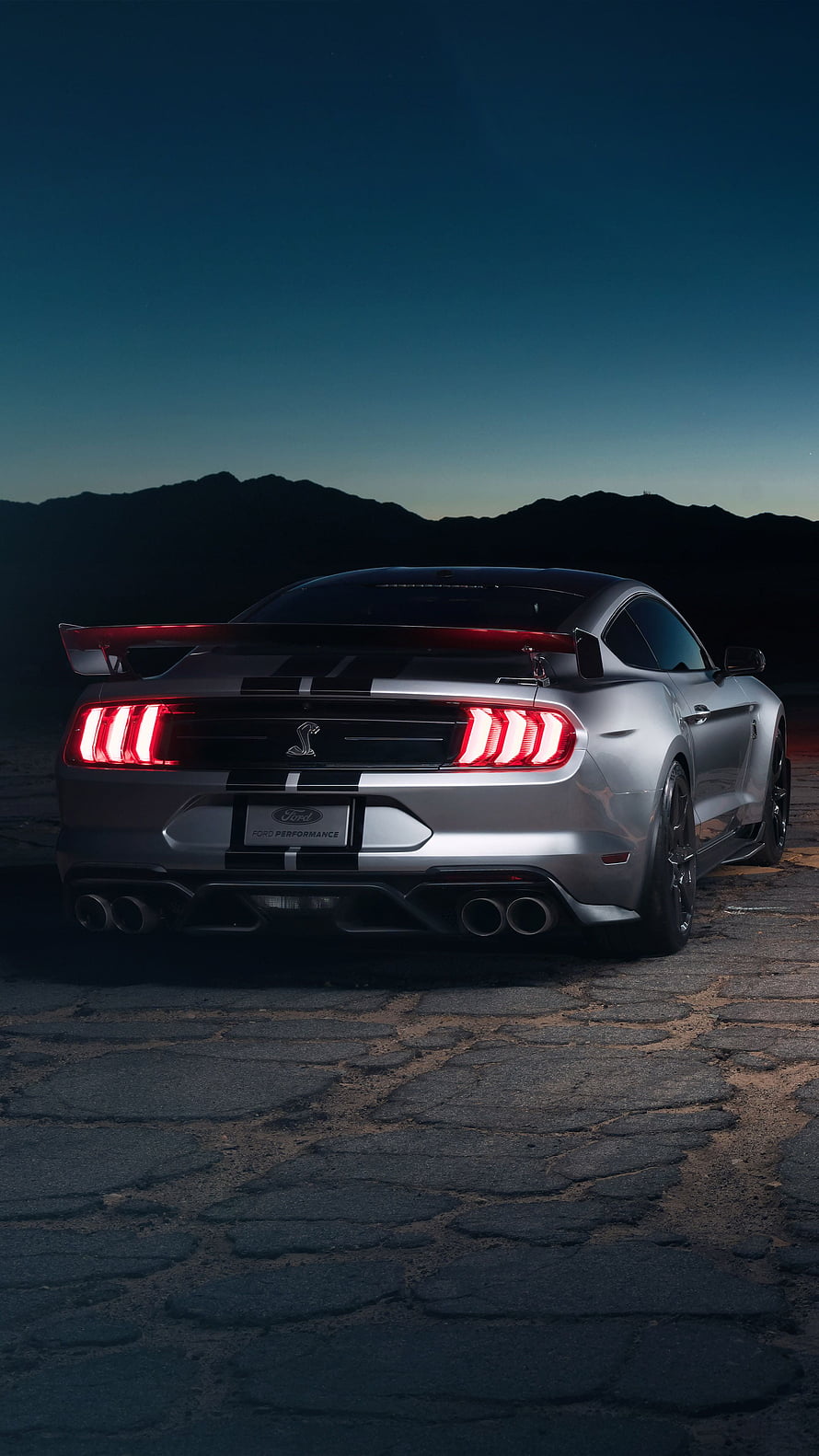 Rear View of Ford Mustang Shelby GT500 Ultra with Black Racing Stripes at Dusk HD phone wallpaper