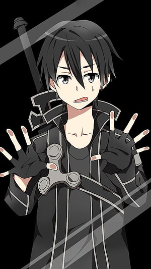 Kirito from Sword Art Online in Black Armor with Sword on Black Background HD phone wallpaper