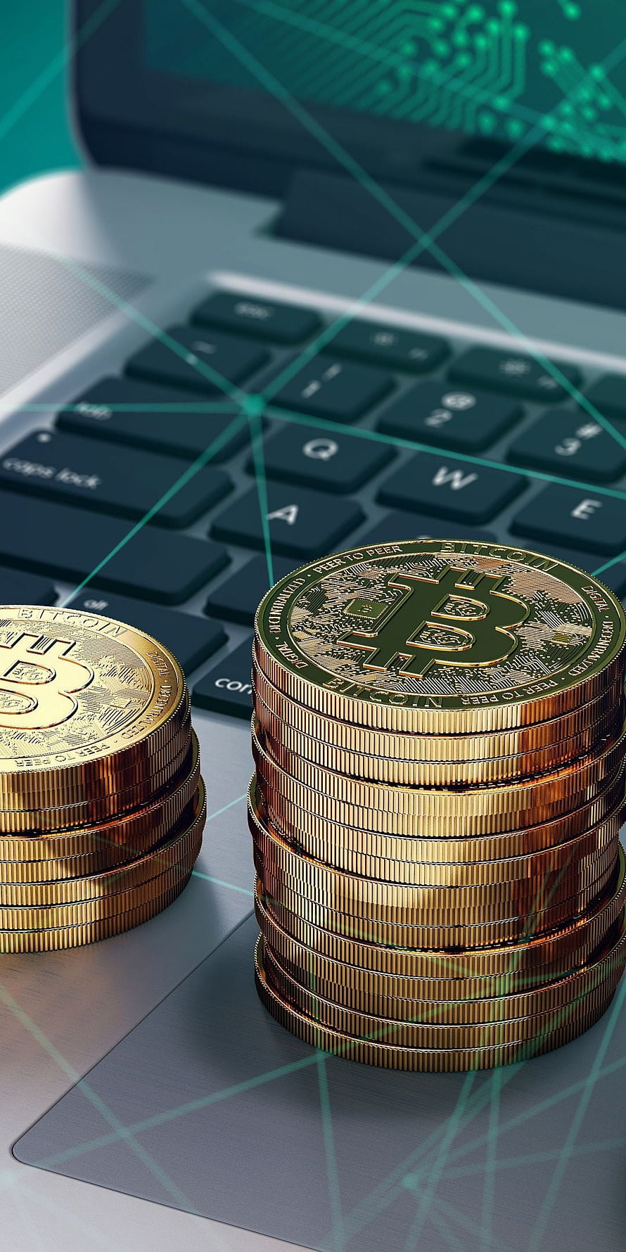 Stacks of Gold Bitcoin Coins on a Laptop Keyboard with Digital Network Overlay HD phone wallpaper