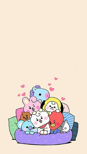 BT21 Characters Cuddling on a Purple Bed with Floating Hearts HD phone wallpaper