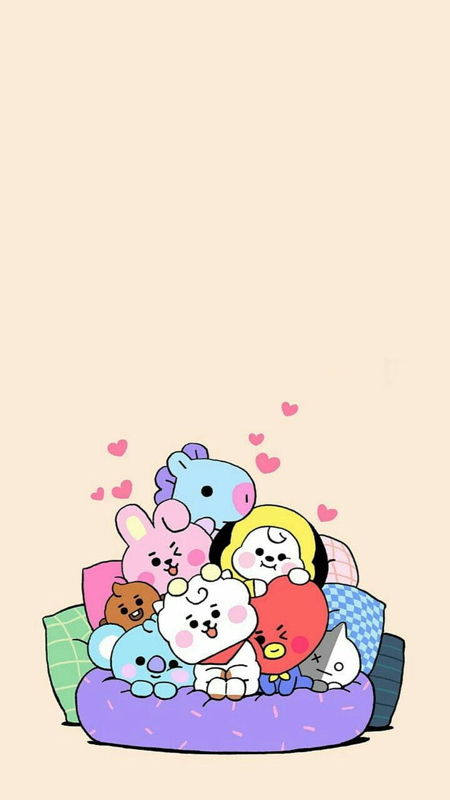 BT21 Characters Cuddling on a Purple Bed with Floating Hearts HD phone wallpaper
