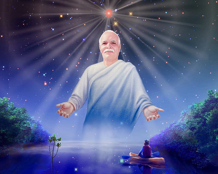 Brahma Kumaris Spiritual Artwork: Divine Figure Overlooking a Canoeist on a Starlit River HD wallpaper