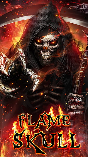 Flame Skull: Hooded Skeleton Warrior with Glowing Eyes and Fiery Background HD phone wallpaper