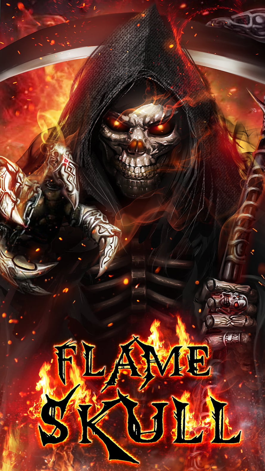 Flame Skull: Hooded Skeleton Warrior with Glowing Eyes and Fiery Background HD phone wallpaper