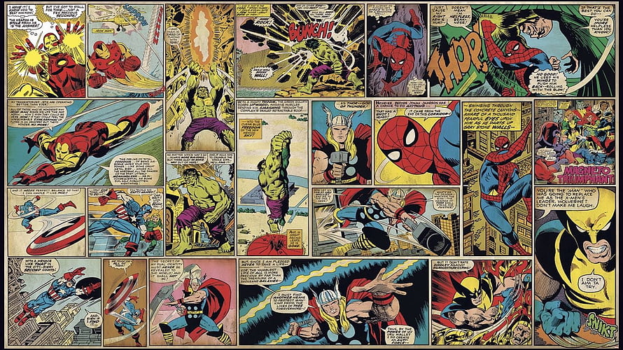 Classic Marvel Comic Book Page Featuring Spider-Man, Thor, and Hulk Action Panels HD wallpaper