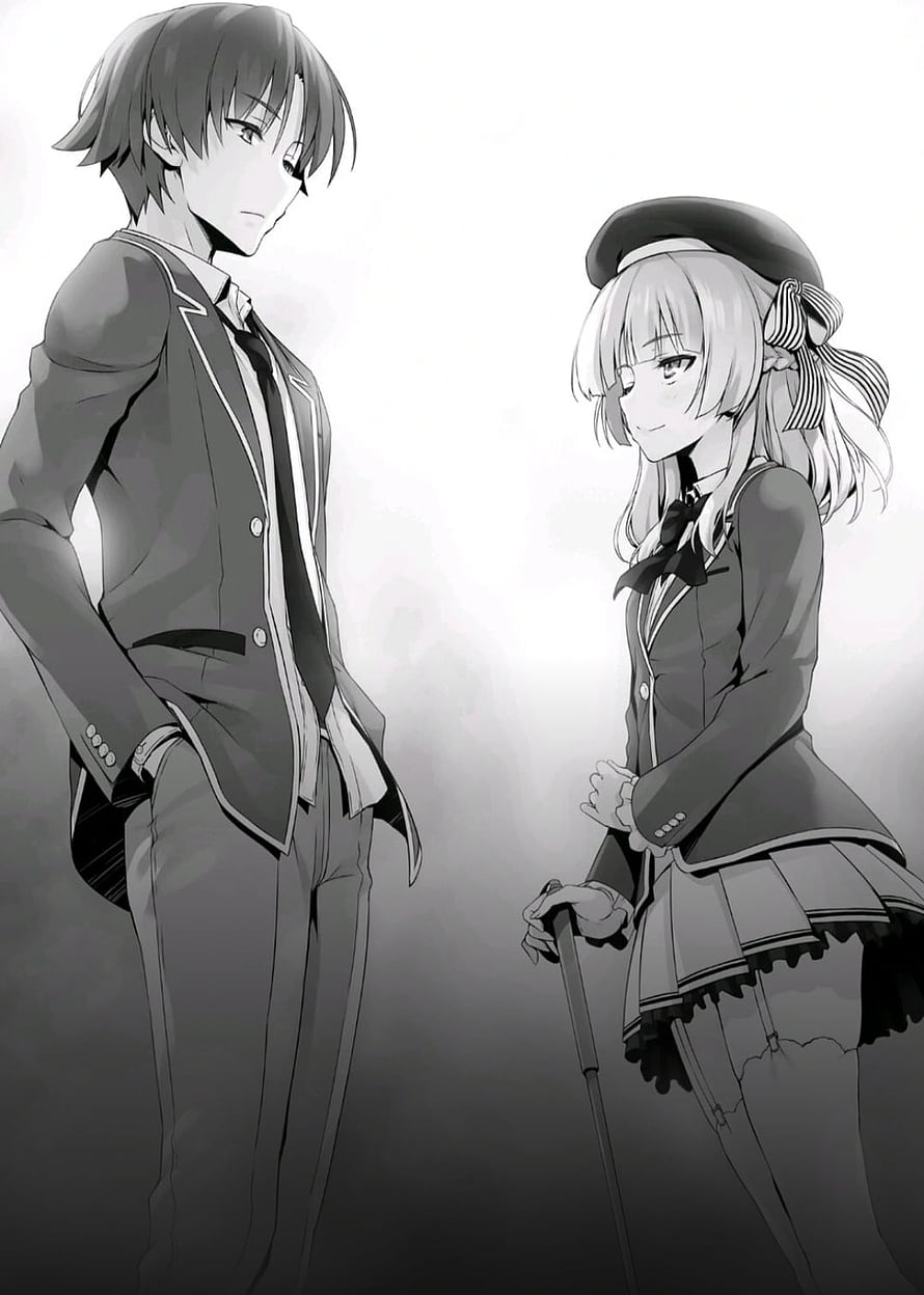 Ayanokoji and Female Classmate in School Uniforms Black and White Anime Illustration HD phone wallpaper