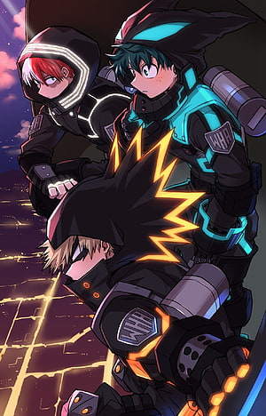 My Hero Academia Trio in Futuristic Tactical Gear Over Night City HD phone wallpaper