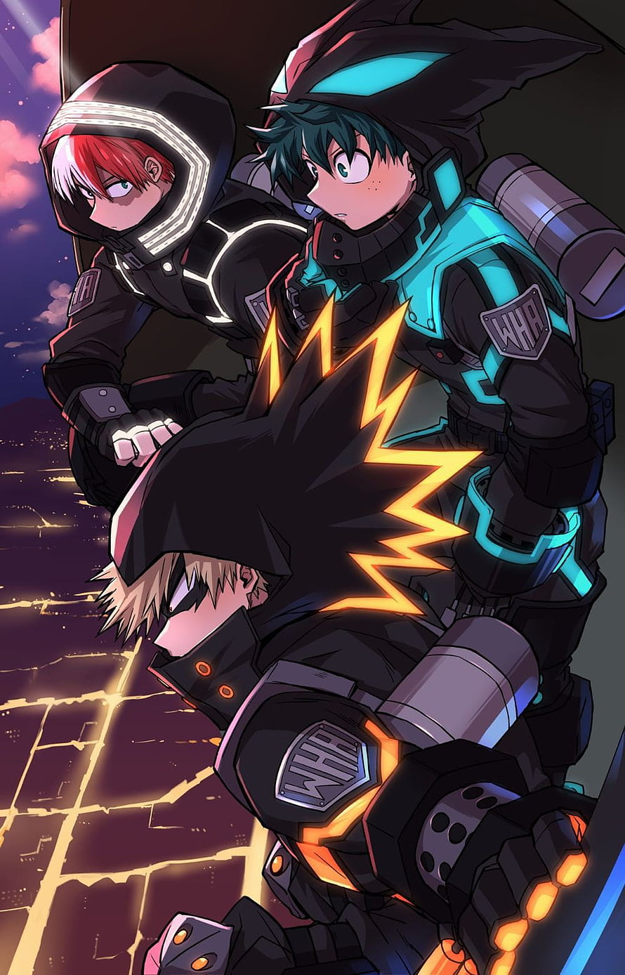 My Hero Academia Trio in Futuristic Tactical Gear Over Night City HD phone wallpaper