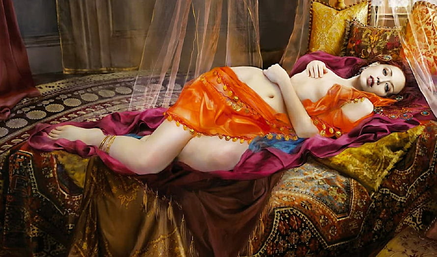 Reclining Woman in Orange Silk on Ornate Harem Couch Digital Fantasy Art HD wallpaper