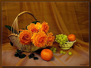 Elegant Still Life with Orange Roses, Grapes, and Tangerines in Wicker Baskets HD wallpaper