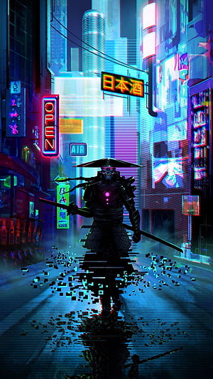 Cyberpunk Samurai Warrior in Neon-Lit Futuristic City Street HD phone wallpaper