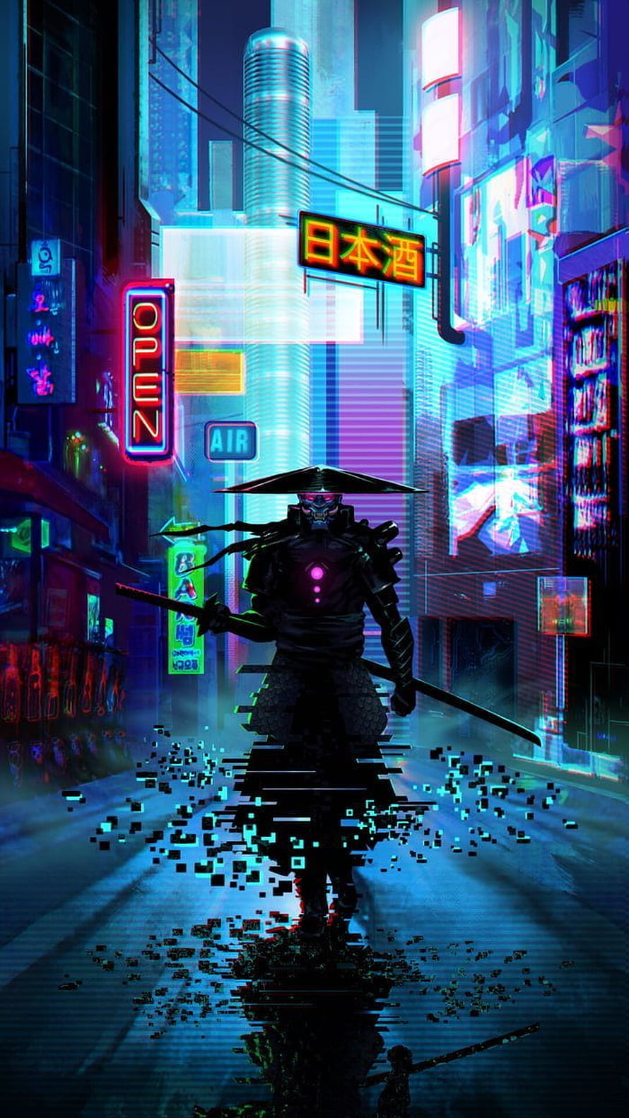 Cyberpunk Samurai Warrior in Neon-Lit Futuristic City Street HD phone wallpaper