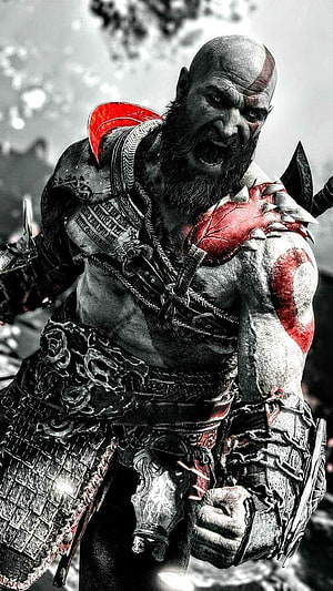 Kratos from God of War in battle armor with red war paint and spiked pauldron HD phone wallpaper