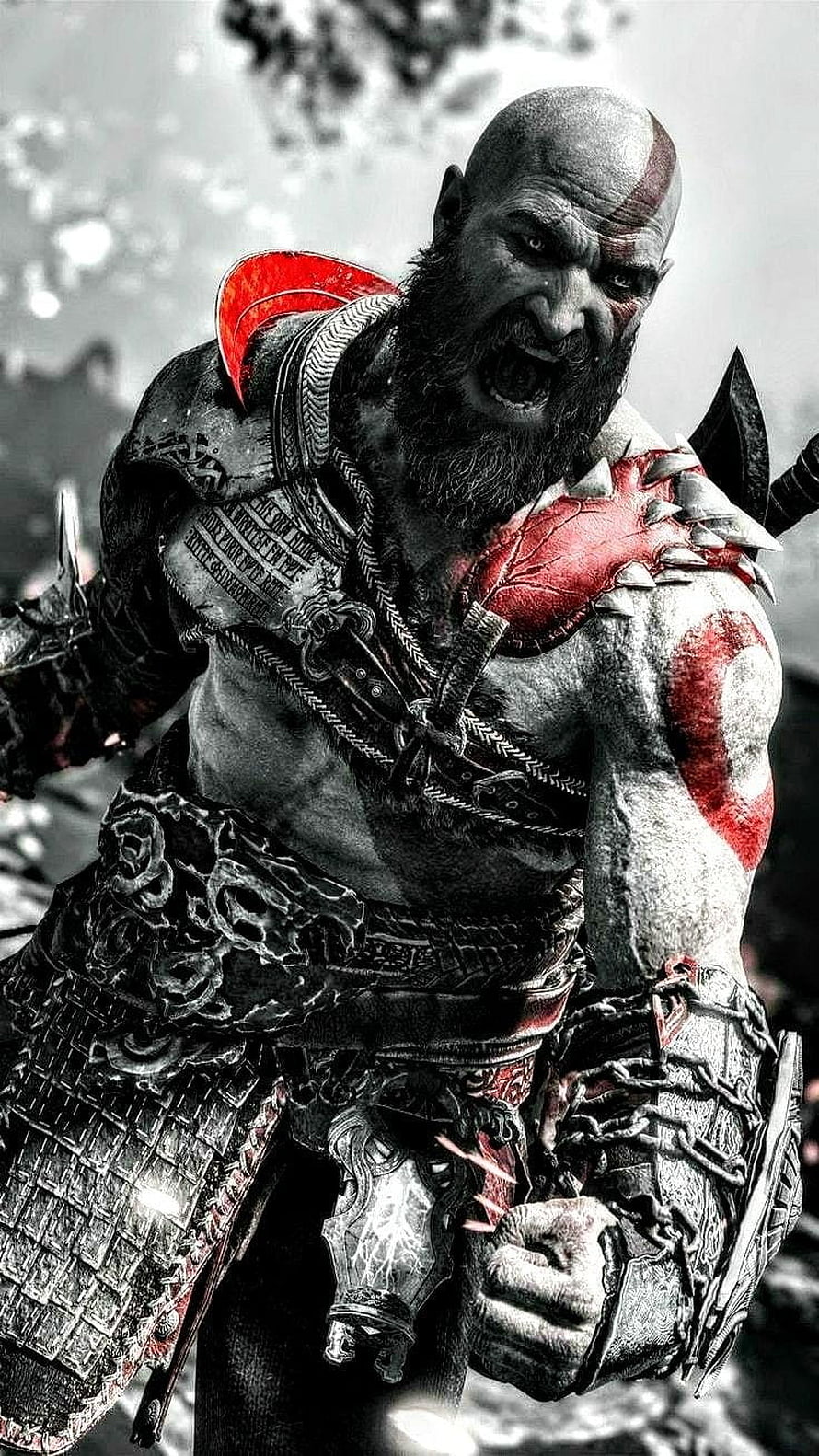 Kratos from God of War in battle armor with red war paint and spiked pauldron HD phone wallpaper