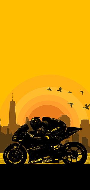 Yamaha Movistar MotoGP Rider Silhouette Against Golden Sunset City Skyline HD phone wallpaper