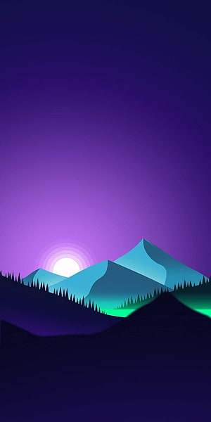 Minimalist Purple Mountain Landscape with Setting Sun and Pine Silhouettes HD phone wallpaper