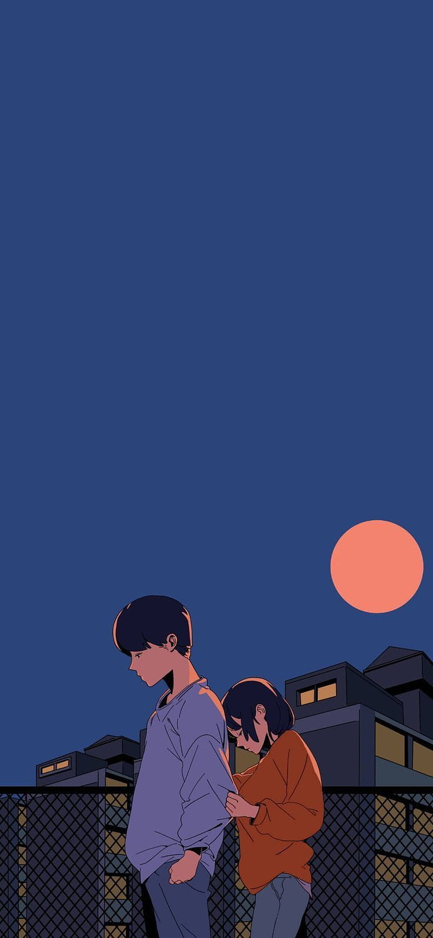 Lofi Couple on Rooftop at Dusk with Setting Sun and City Skyline HD phone wallpaper