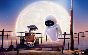 WALL-E and EVE sharing a quiet moment on a bench beneath a glowing full moon HD wallpaper