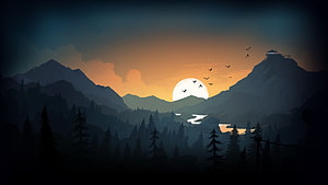 Atmospheric Mountain Valley at Sunset with Pine Forest and Distant Cabin HD wallpaper