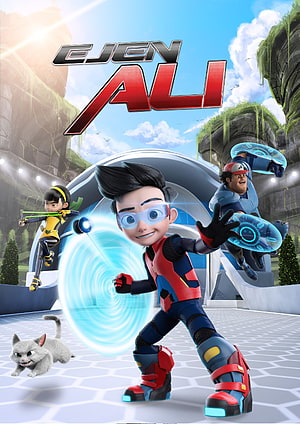 Ejen Ali Animated Hero Poster Featuring Team and Cat Companion in Futuristic Setting HD phone wallpaper