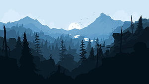Misty Mountain Valley with Pine Forest and Moonlit Sky in Minimalist Blue Illustration HD wallpaper