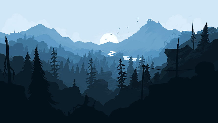 Misty Mountain Valley with Pine Forest and Moonlit Sky in Minimalist Blue Illustration HD wallpaper