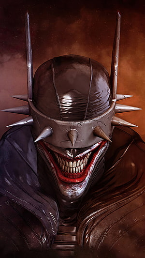 The Batman Who Laughs Grinning in Spiked Helmet Against Dark Fiery Background HD phone wallpaper