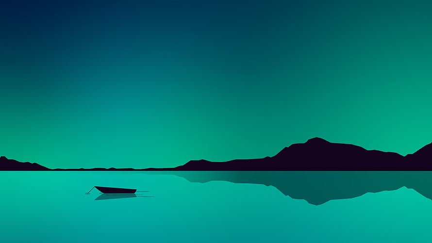 Minimalist Lake Scene with Silhouetted Mountains and a Small Boat in Teal and Green Tones HD wallpaper