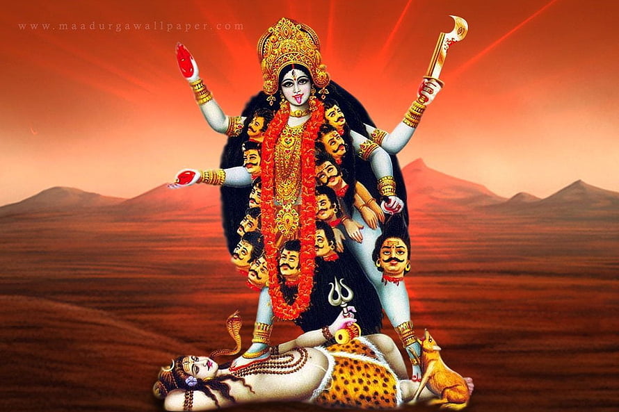 Maa Kali Divine Deity with Multiple Arms and Heads in Traditional Indian Art HD wallpaper