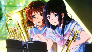 Hibike Euphonium Anime Scene Featuring Kousaka Reina and Oumae Kumiko with Brass Instruments HD wallpaper