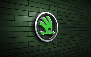 Skoda 3D Emblem Mounted on Dark Green Brick Wall HD wallpaper