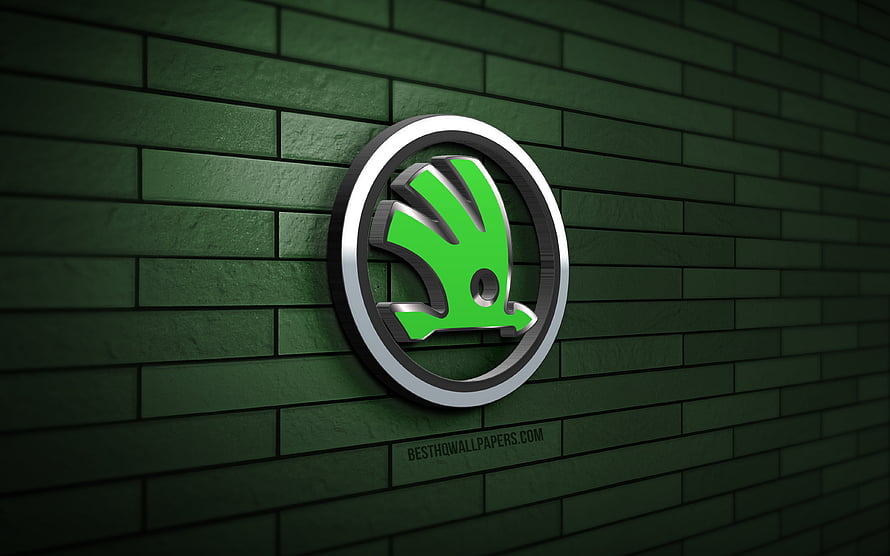 Skoda 3D Emblem Mounted on Dark Green Brick Wall HD wallpaper